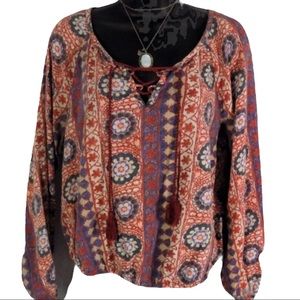 Hollister Long Sleeve Boho Print Tie Front Top Size Medium